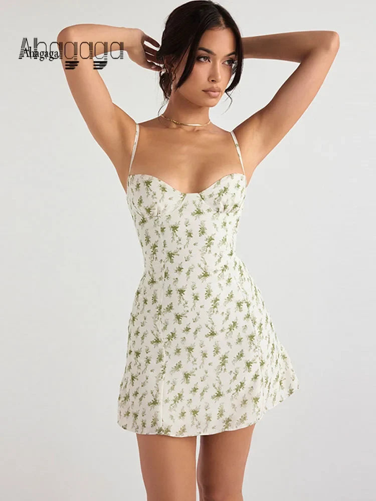 Ahagaga Fashion Sexy Flower Printed Women Short Dresses Streetwear Regular Casual Strapless Sleeveless Slim Sheath Vestidos Robe