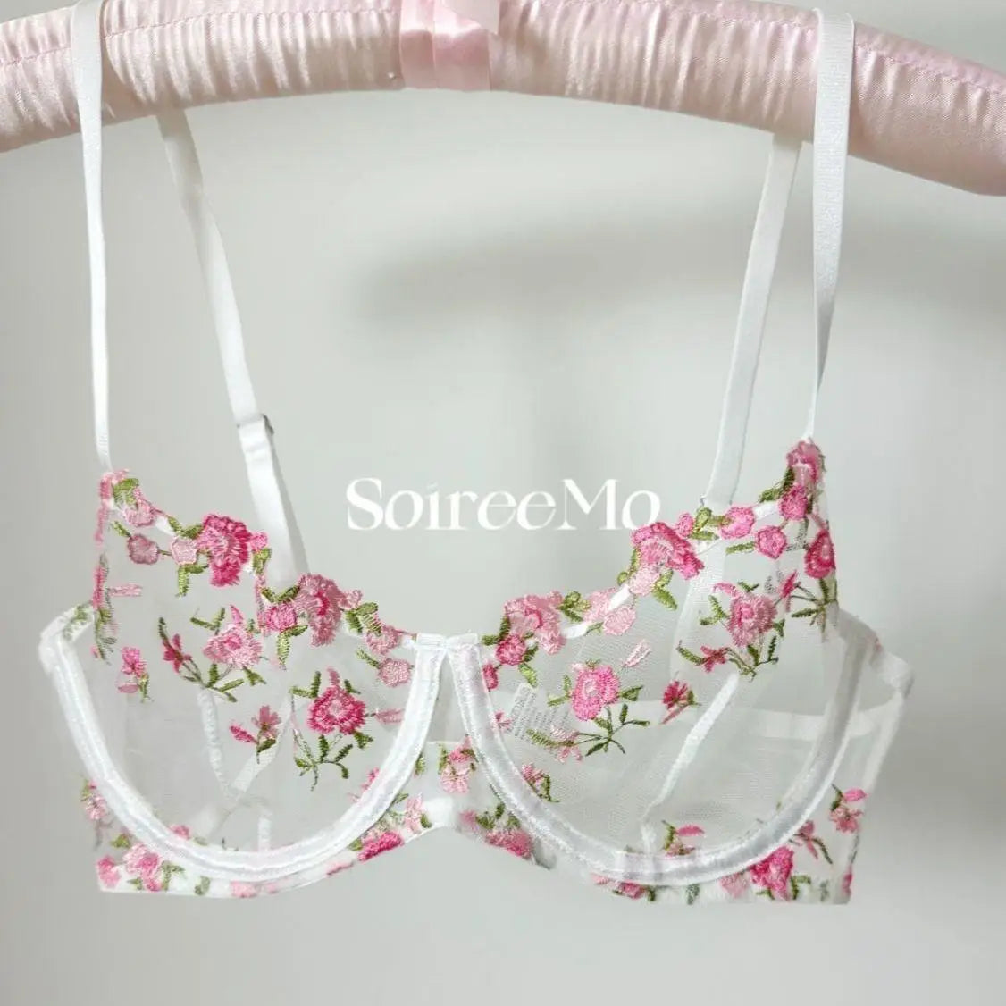French Floral Lace Bra Set Push Up Underwire Large Bust Sheer Mesh See Through Sexy Bra Embroidery Demi Cup Lingerie Set MOYISU