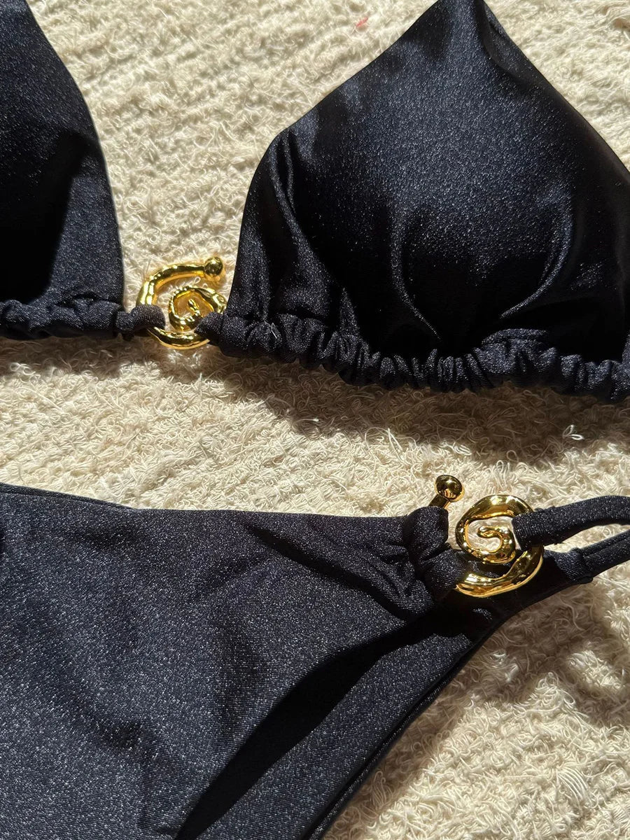 Shiny Sparkling Halter Metal Ring Bikini Women Swimwear Female Swimsuit Two-pieces Bikini Set Brazilian Bather Bathing Suit Swim