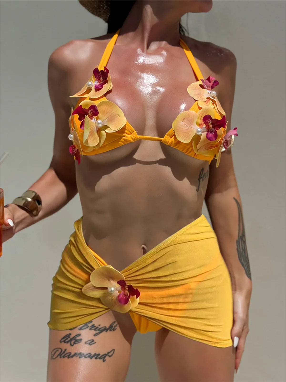 3D Flowers With Skirt Bikini Female Swimsuit Women Swimwear Halter Padded Bather Bathing Suit Swim Three-pieces Bikini set K8102
