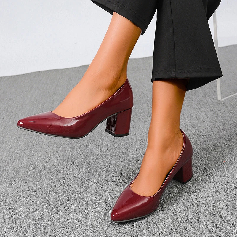 Plus Size 42 Pointed Toe Thick Heels Pumps Women Slip On Pu Leather High Heels Shoes Woman High Heeled Office Party Shoes Ladies