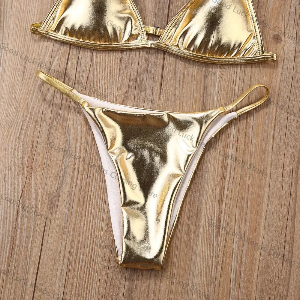 Women Sexy Thong Bikini Set Silver Gold Sequinis Biquini Swimwear 2025 Summer Push Up Padded Bra Bathing Suit Beach Wear