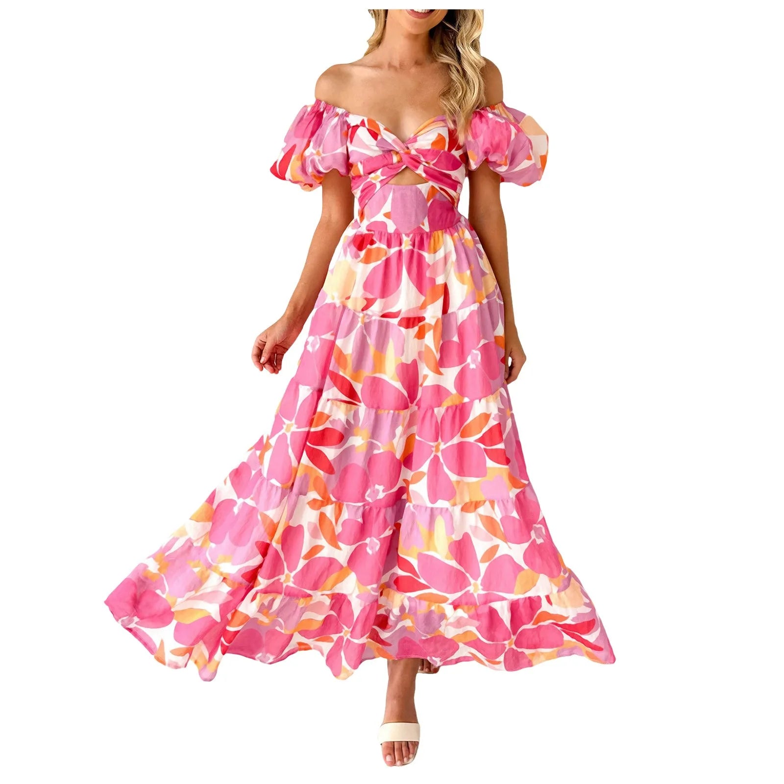 Sexy Dresses For Women Summer Trendy Boho Floral Printed Short Sleeve Vestido Seductive Off Shoulder Knee Length Dress For Woman