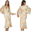 Foridol Hollow Out Lantern Sleeve Spring Women's Dress Printed Floral Midi Summer Dress 2025 V Neck Boho Yellow Sundress Party