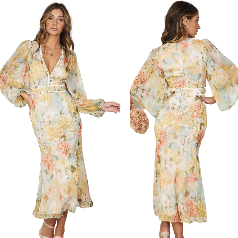 Foridol Hollow Out Lantern Sleeve Spring Women's Dress Printed Floral Midi Summer Dress 2025 V Neck Boho Yellow Sundress Party
