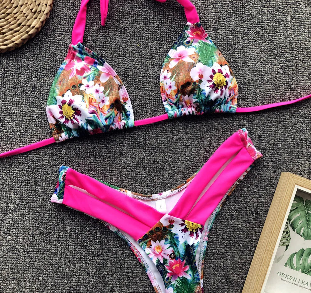 Bikini 2026 Sexy Leopard Floral Print Halter Swimwear Swimsuit Women Bikini Set Bathing Suit Beach Bikini Female Banadores Mujer