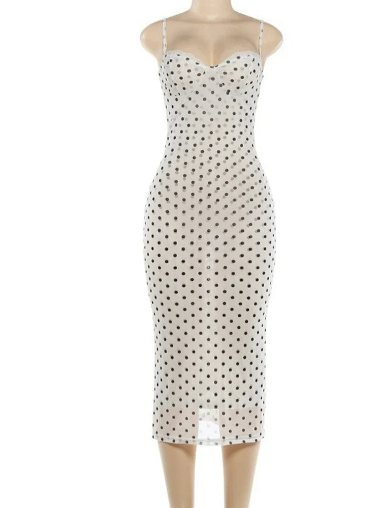 FDYOUI Woman Clothing Elegant Spaghetti Strap Polka Dot Midi Dress Ladies Sexy Lace Patchwork Sleeveless Slim Party Club Dresses