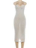 FDYOUI Woman Clothing Elegant Spaghetti Strap Polka Dot Midi Dress Ladies Sexy Lace Patchwork Sleeveless Slim Party Club Dresses