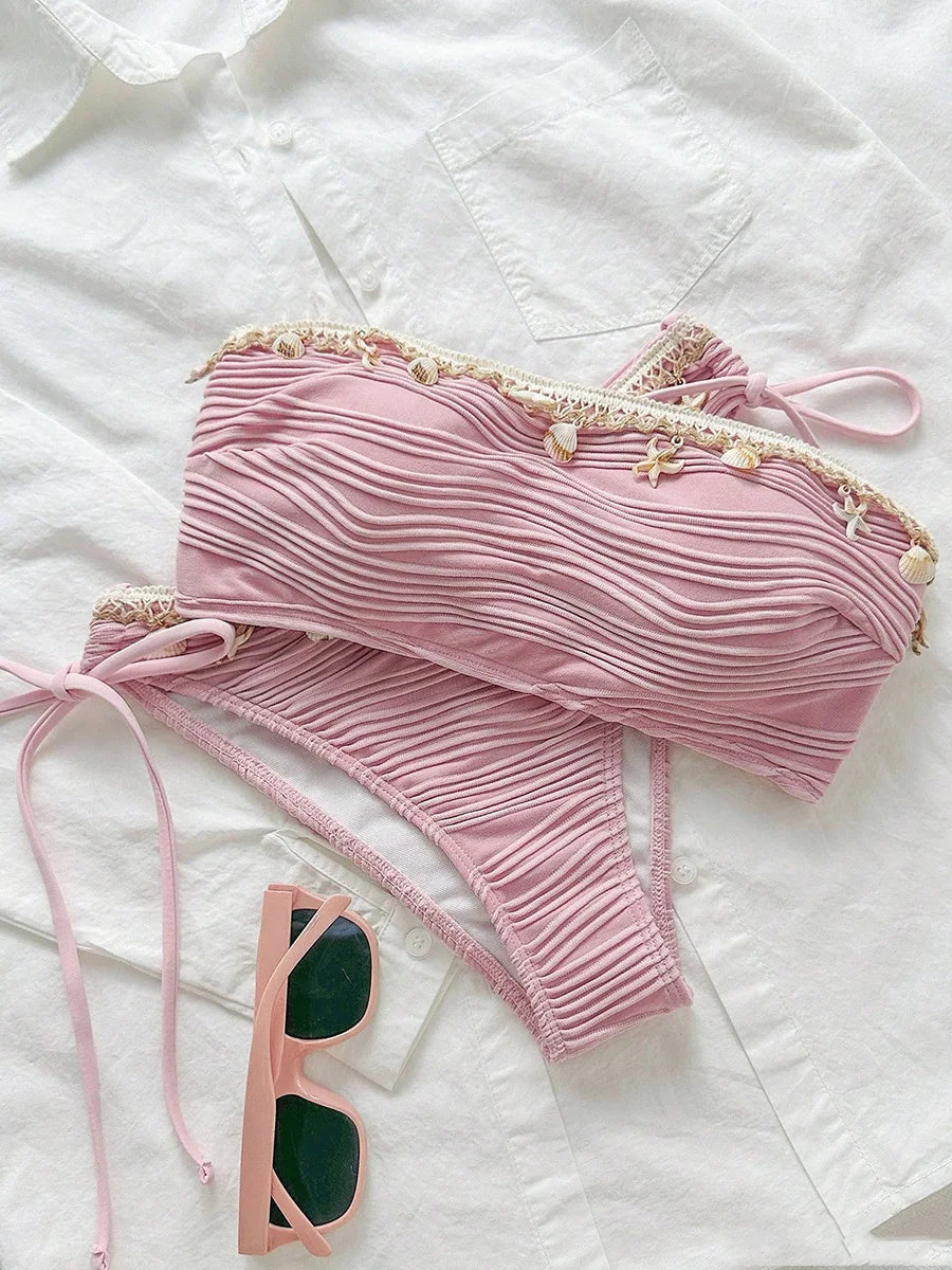 XS - XL Bandeau Wrinkled High Cut Bikini Women Swimwear Female Swimsuit Two-pieces Bikini Set Shells Bather Bathing Suit Swim