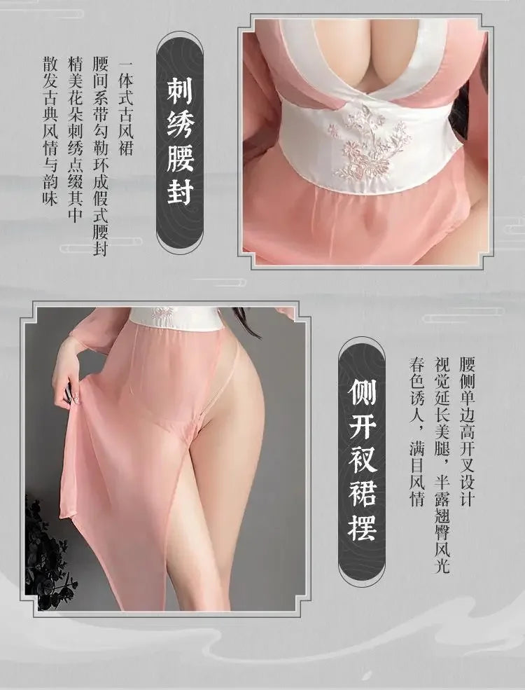 Women Sexy Lingerie Hanfu Dress Cosplay Costume Deep V Erotic See-through Pink Chinese Ancient Style Temptation Dresses