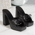 Chunky High Heel Crystal Sandals Women Plus Size 43 Square Toe Platform Slippers Woman Summer Party Bowknot Thick Heeled Sandals