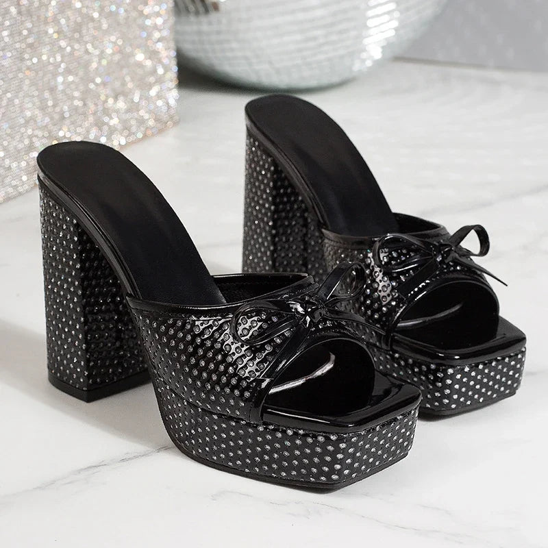 Chunky High Heel Crystal Sandals Women Plus Size 43 Square Toe Platform Slippers Woman Summer Party Bowknot Thick Heeled Sandals