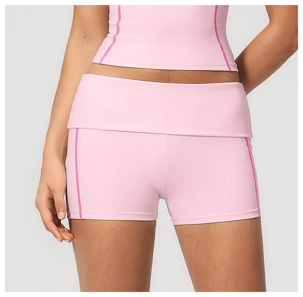 Quick Dry Contrast Color Yoga Shorts 2026 Tights Hip Lifting Workout Fitness Leggings High Waist Folded Running Athletic Shorts