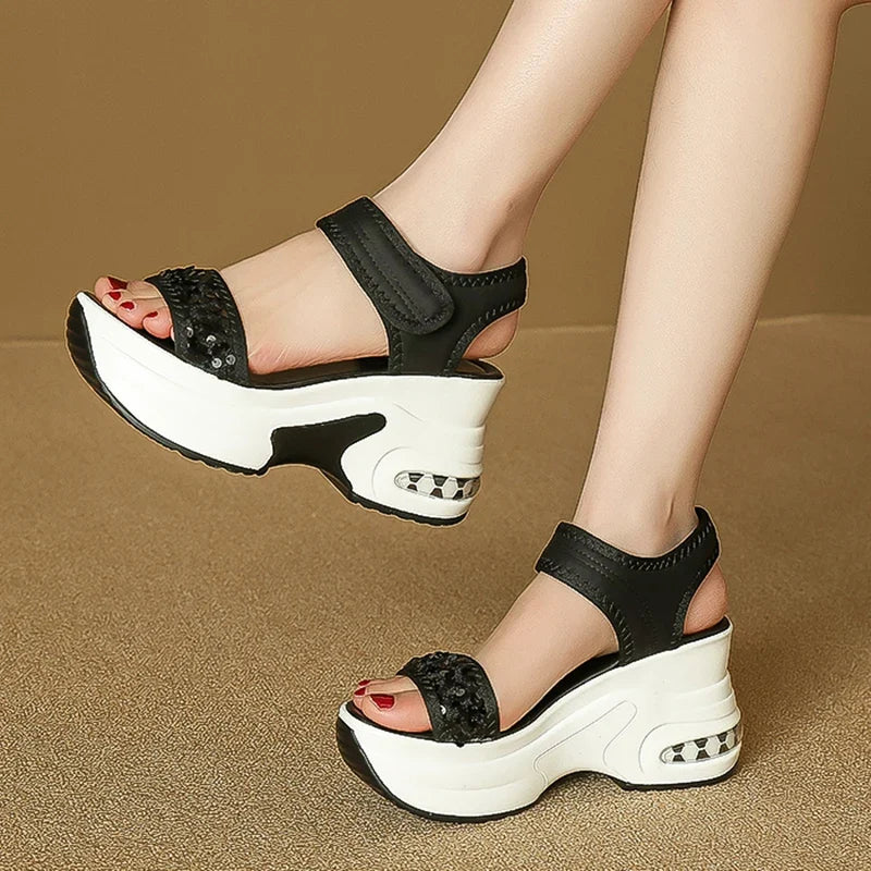Sequin Chunky Wedges Sandals Women Plus Size 42 High Heel Platform Sandles Woman Comfy Thick Bottom Heighten Gladiator Sandalias