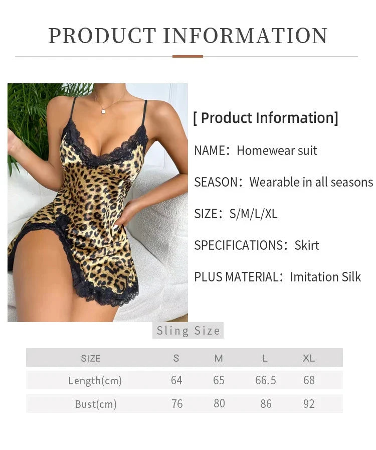 Women's Sleepwear Nighties Summer Sexy Leopard Printed Lace Trim Nightdress V Neck Backless Side Split Slip Pajamas
