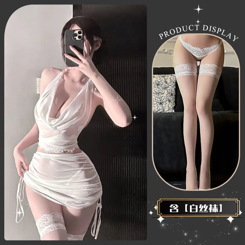 Lace Mesh Sexy Pure Desire Style With Halter Neck Dress Solid Color Backless Deep V Suspenders Sleeveless Transparent Dress GSG8