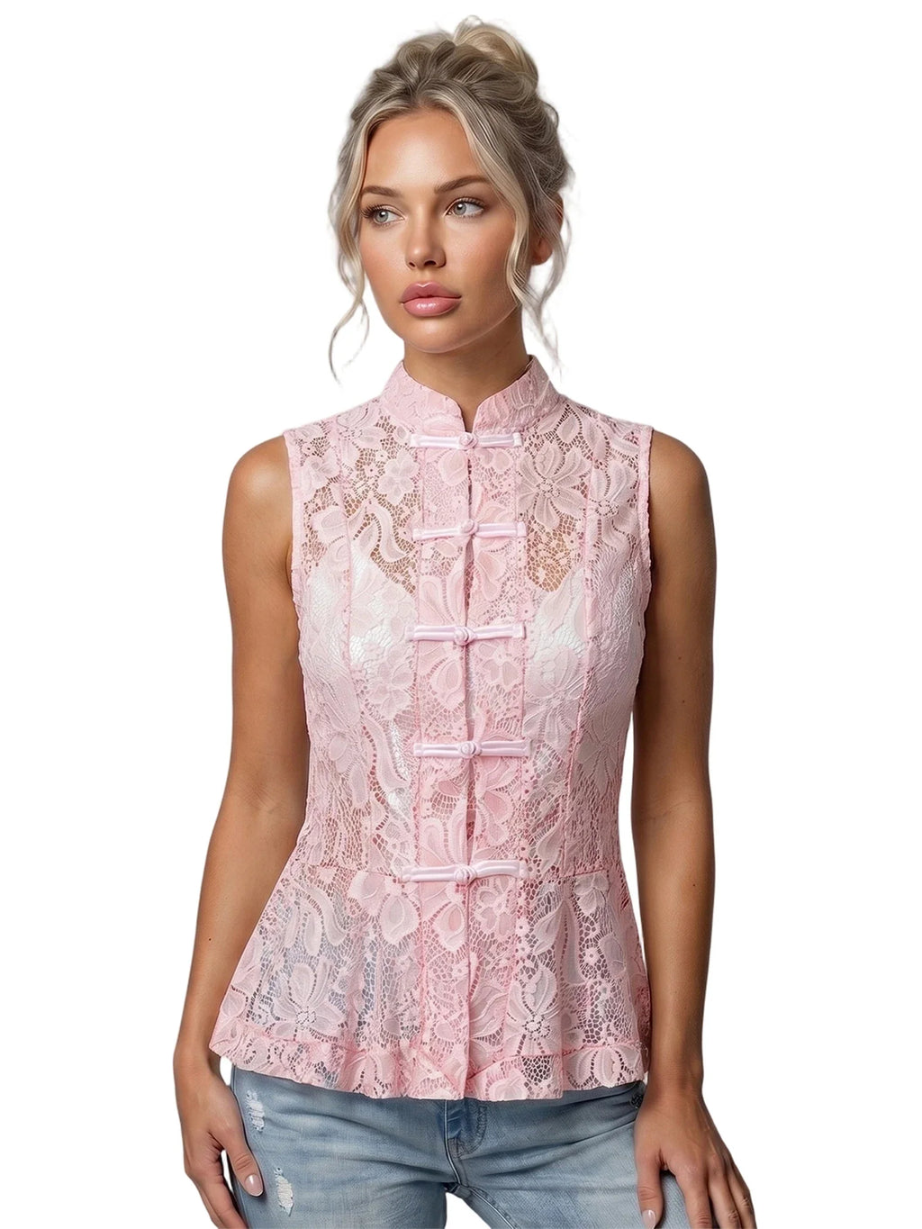 2026 Summer Women's Retro Lace Tops Elegant Mandarin Collar Chinese Frog Buttons Peplum Sleeveless Vest Blouses