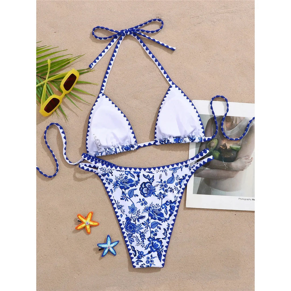 Sexy Flower Printed Halter Bikini Women Swimwear Female Swimsuit Two-Pieces Bikini Set Brazilian Bather Bathing Suit Swim V8203