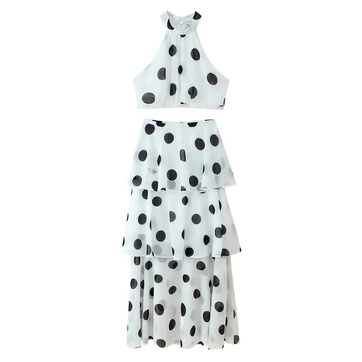 White Polka Dot Two Piece Set For Women Halter Crop Top And Tiered Maxi Skirt Elegant Summer Party Outfit Pure Desire Charm FSW7