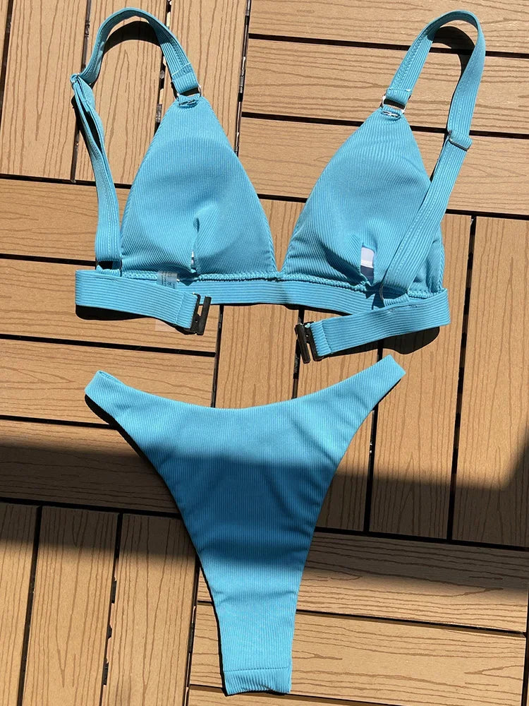 Ribbed Triangle High Cut Bikini Women Swimsuit Female Thong Swimwear Two Pieces Bikini Set Rings Bather Bathing Suit Swim Lady