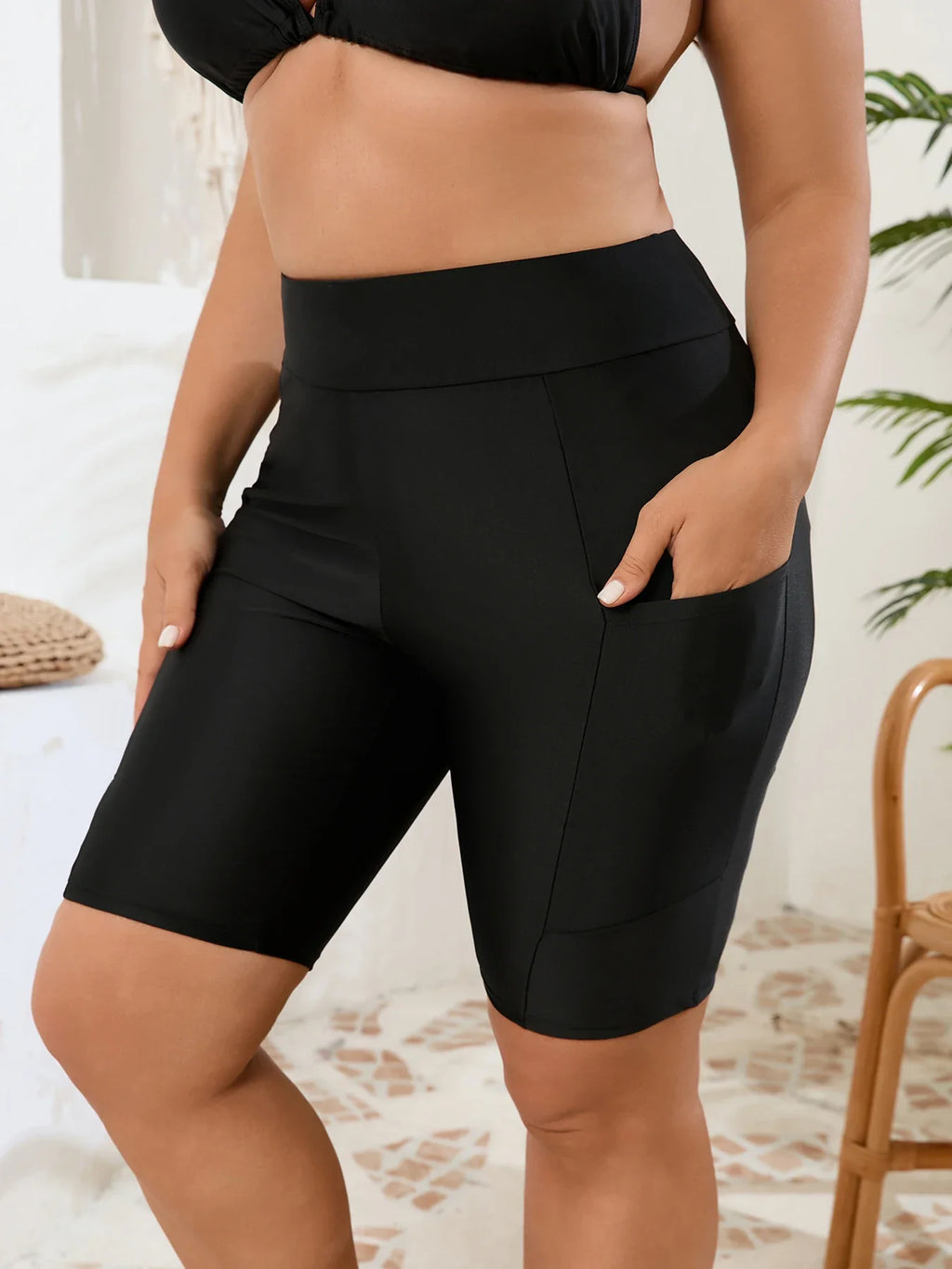 2026 Black Plus Large Big Size Swimsuit Female Only Pants With Pocket Long Knees Swimwear Women Solid Swimming Shorts Swim 5XL