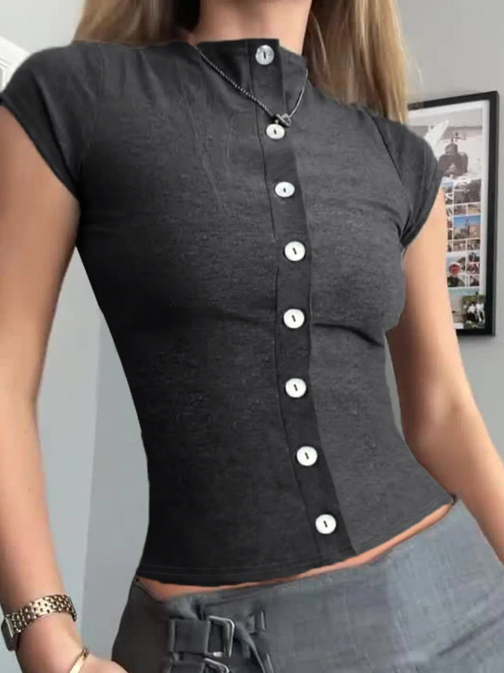 Women's Summer Casual Slim Fit Basic Tops Short Sleeve Round Neck Solid Color Button Up T-shirts