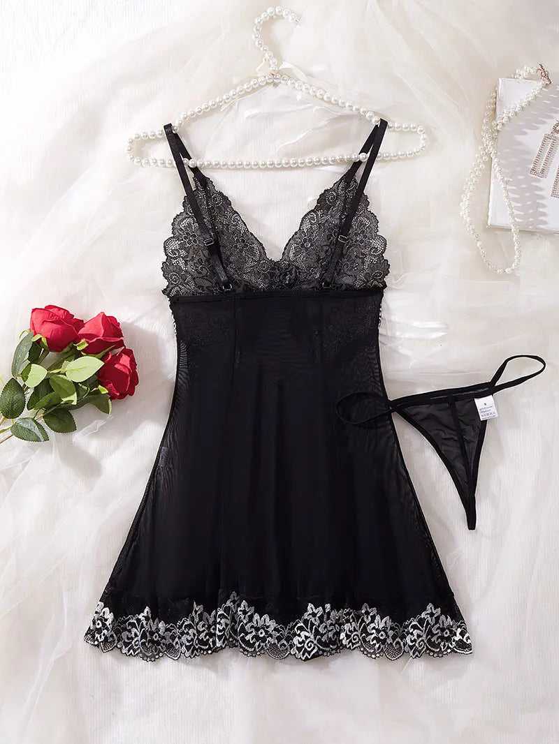 Sexy Nightgown Women Sleepwear Dress Sling Elegant Costume Embroidered nightdress Pajama Set With Thongs Baby Doll