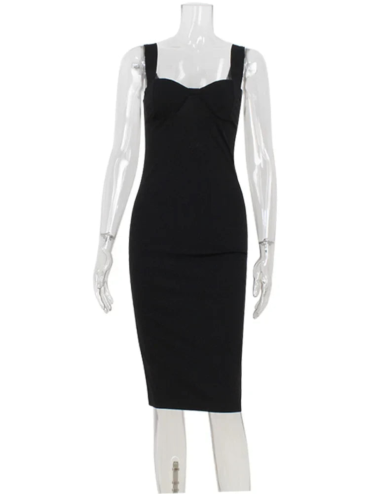 Ahagaga Elegant Women's Maxi Dresses Solid Camisole Square Collar Sleeveless Sheath Bodycon Slim Fit Party Female Vestidos Robes