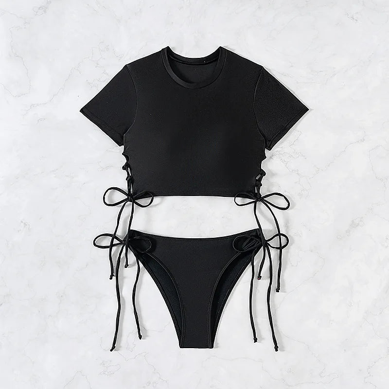 2026 New 2 Piece Swimsuit for Women Solid Color Sexy Drawstring Short Sleeve Bikini Set Beach Vacation Bathing Suit Swimwear