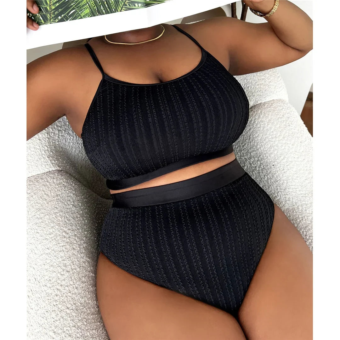 0XL - 4XL Ribbed Bikini Large Size Swimwear Plus Size Women Swimsuit Female Two-Pieces Bikini Set Bather Bathing Suit Swim V4987