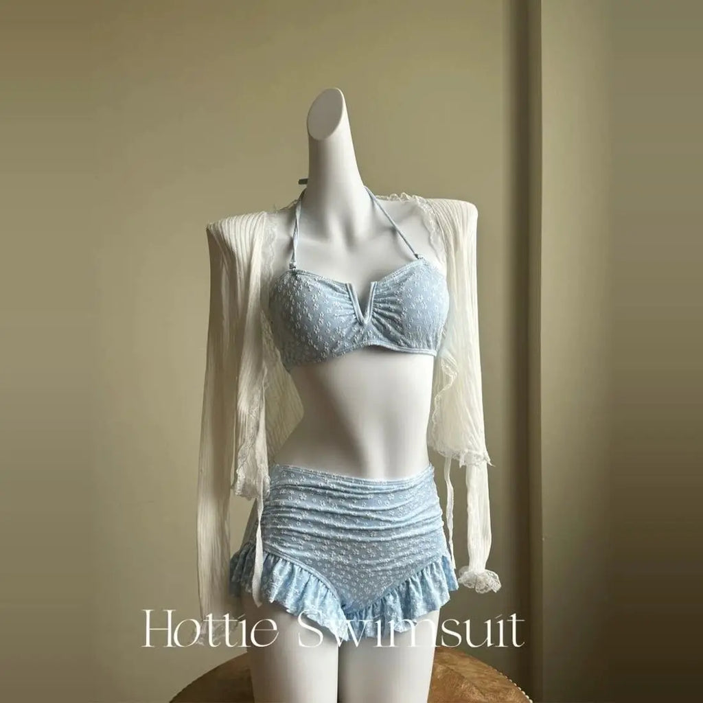 Girls' pure lust style summer bikini three-piece knitted sweater holiday split swimsuit for women