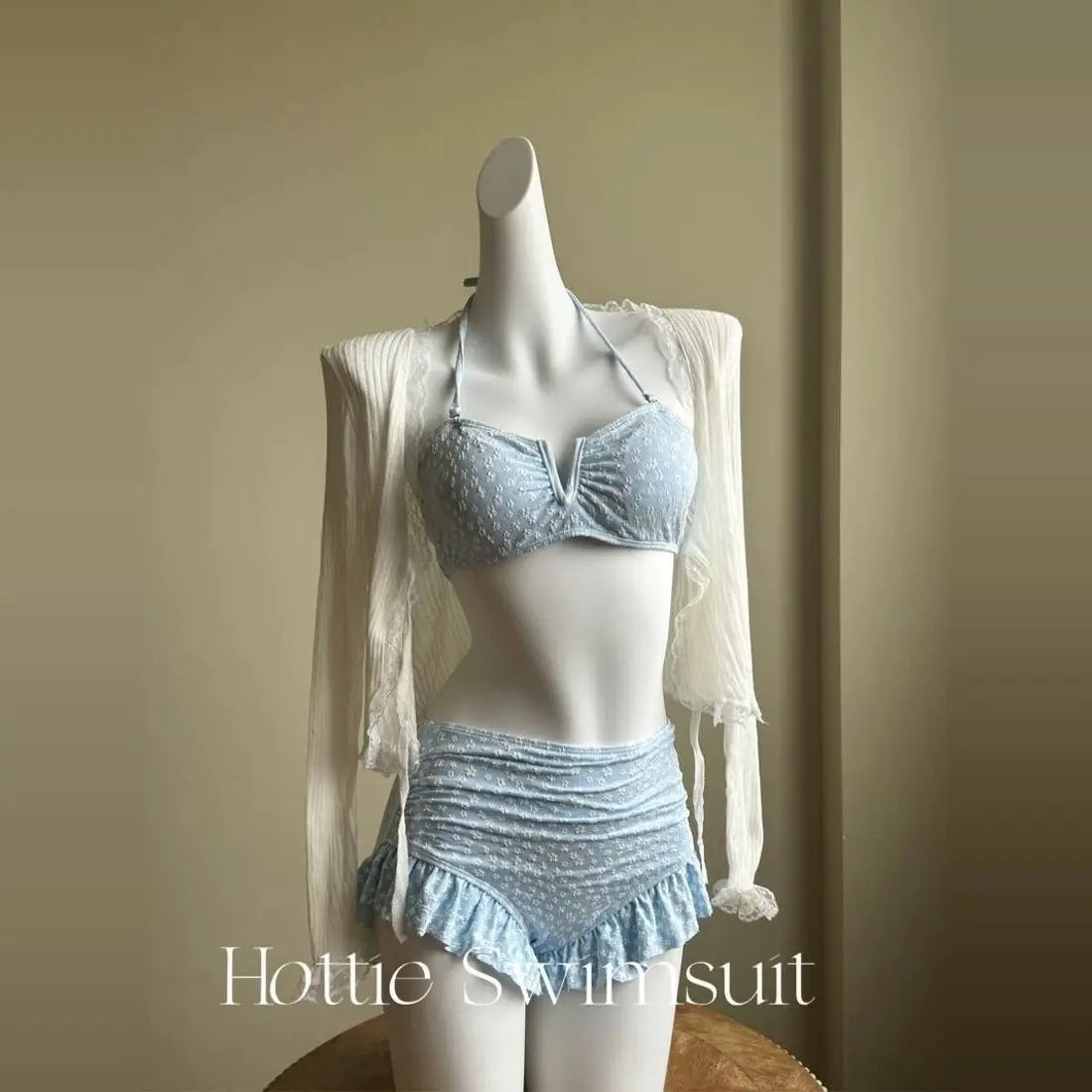 Girls' pure lust style summer bikini three-piece knitted sweater holiday split swimsuit for women