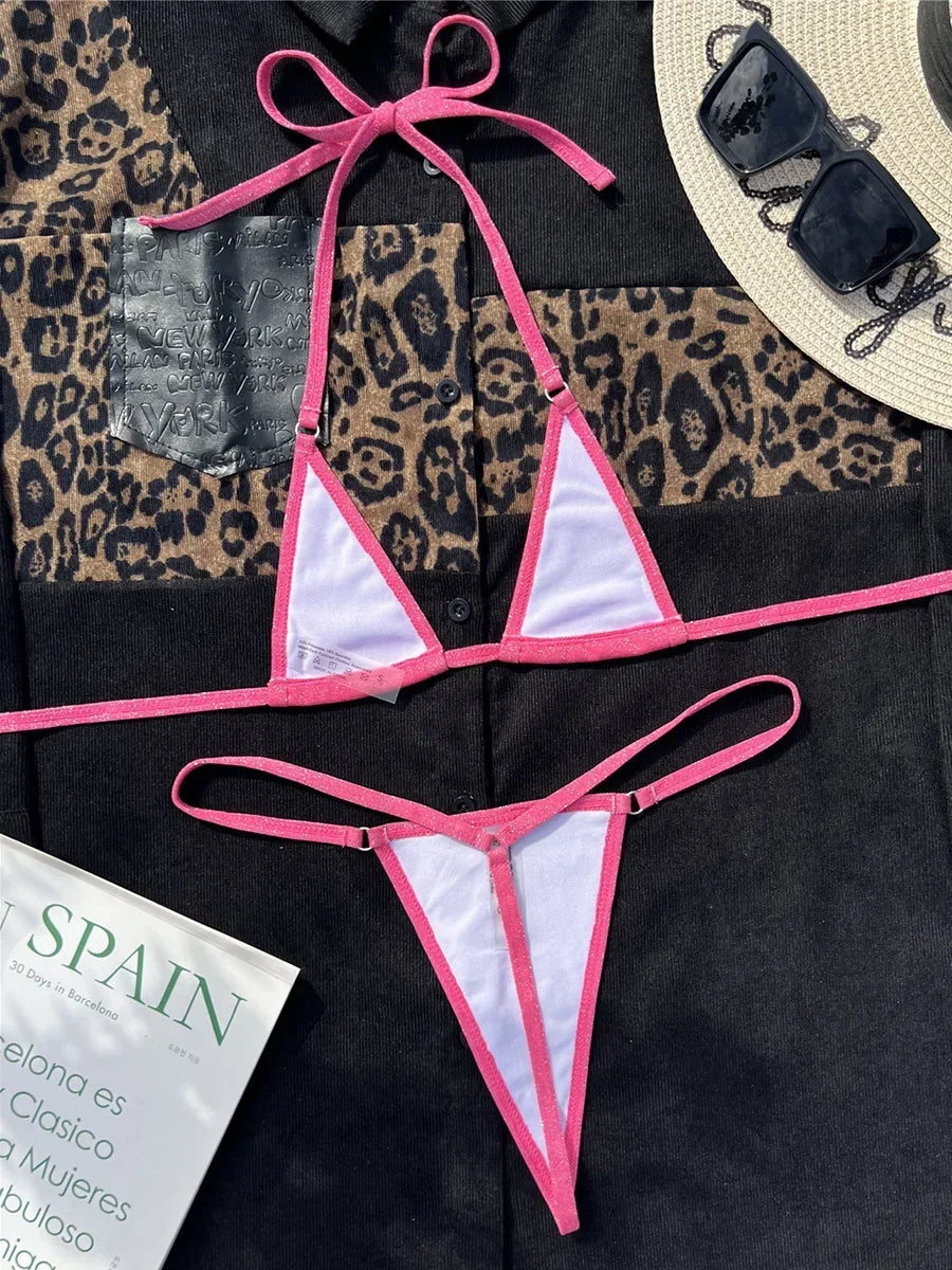 Shiny PU Leather Extreme Mini Micro String Bikini Female Swimsuit Women Swimwear Two-pieces Bikini Set Halter Bathing Suit Swim