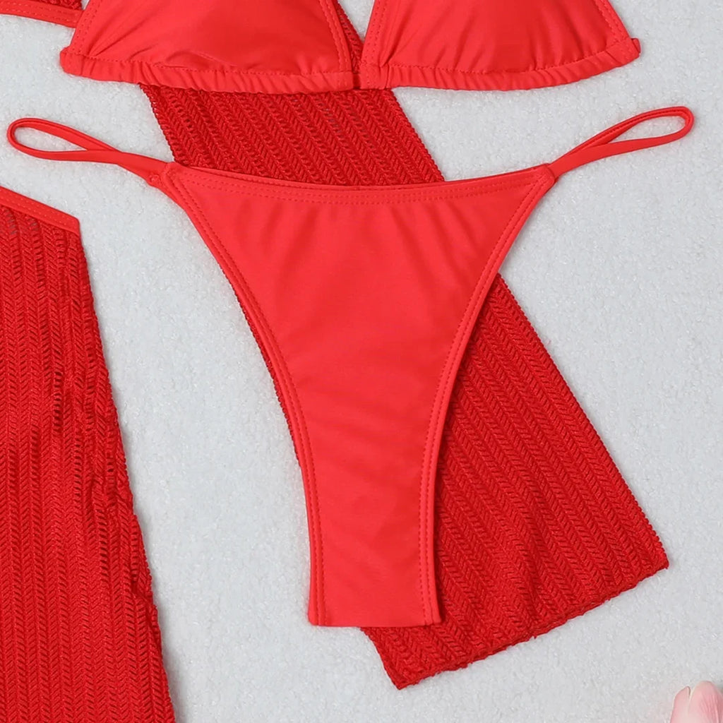 With Long Sleeve Cover Up Halter Bikini Women Swimwear Female Swimsuit Three-pieces Bikini set Bather Bathing Suit Swim V5123