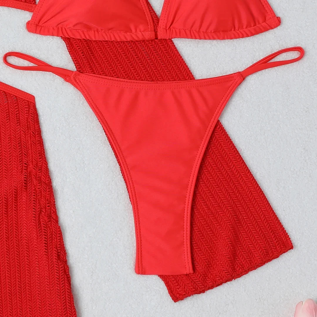With Long Sleeve Cover Up Halter Bikini Women Swimwear Female Swimsuit Three-pieces Bikini set Bather Bathing Suit Swim V5123