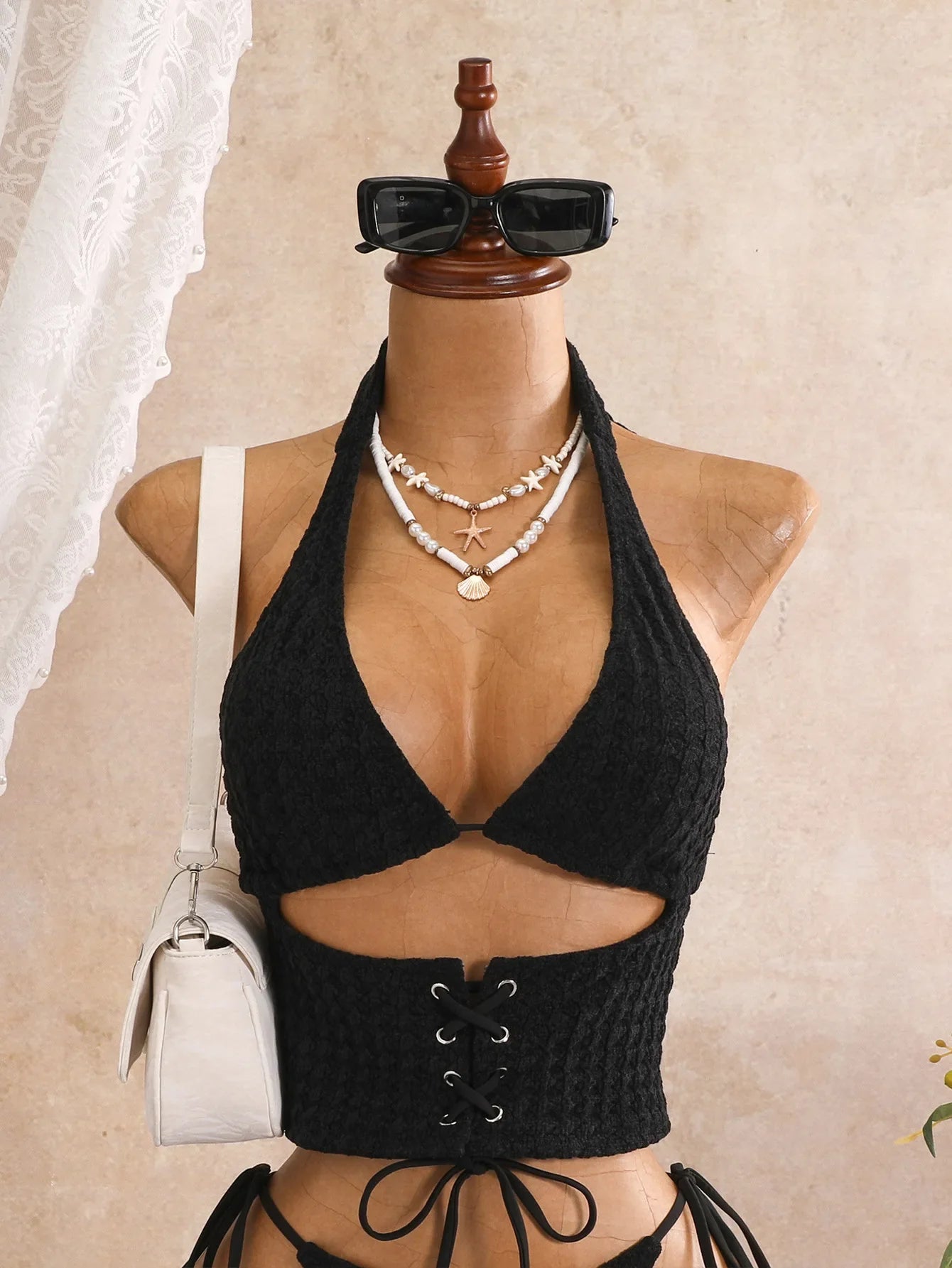 Sexy Black Plaid Print Holiday Bikinis Sets 2026 Women Bandage Cross Fishbone Top 3 Piece Swimsuit Summer Bathing Suit Swimwear