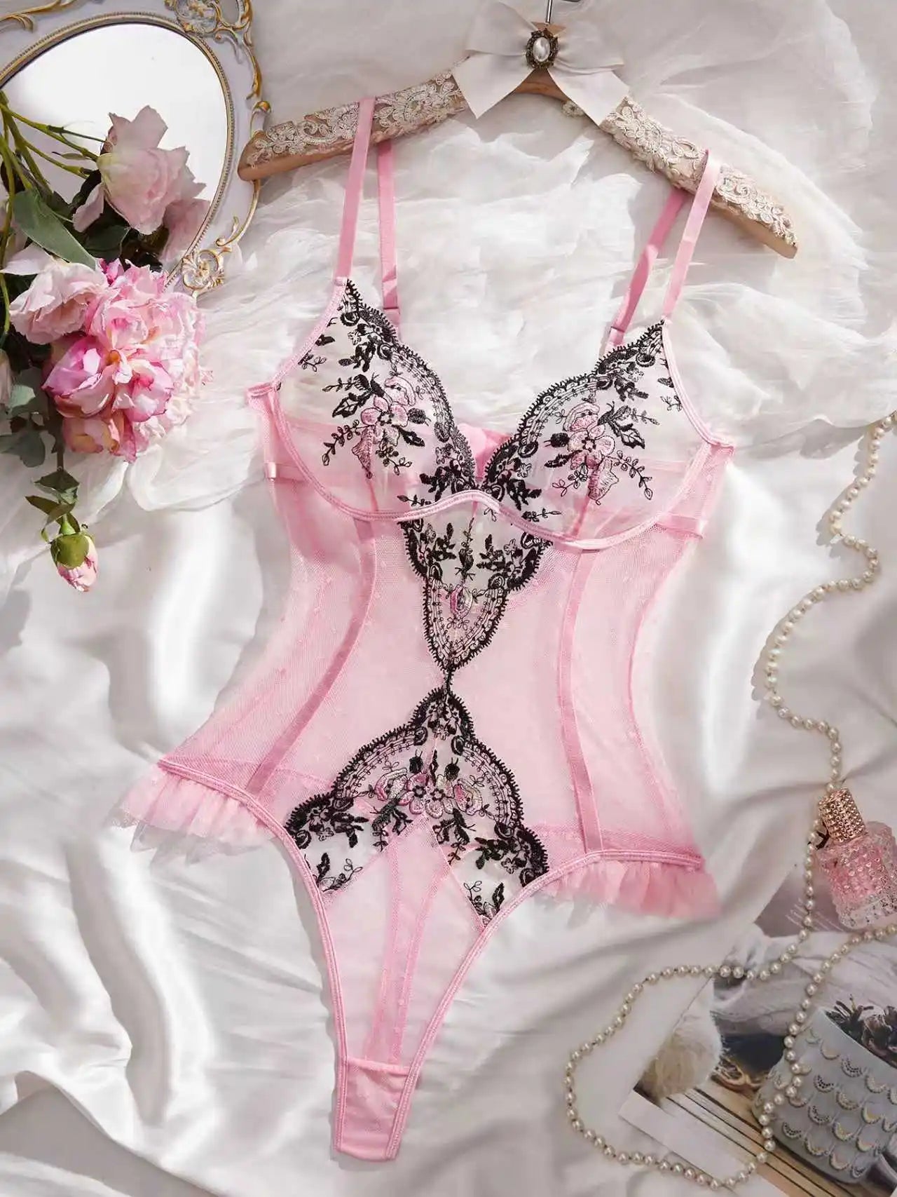 Pink Lace Embroidery Jumpsuit with Black Floral Lace Paneling High-Waist Triangle Pant Design Romantic French Sexy Underwear