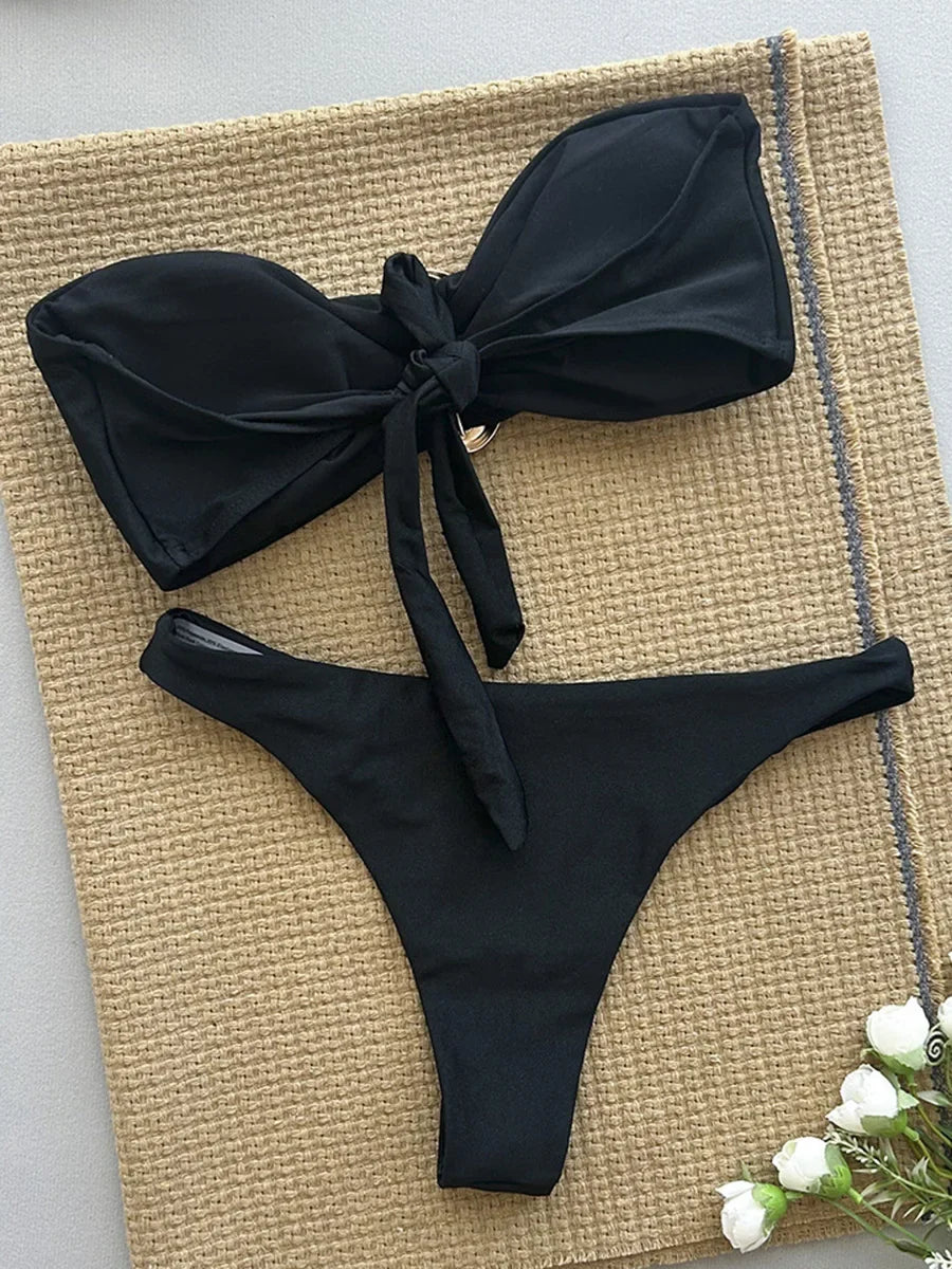 XS - L Metal Ring Bandeau Bikini Women Swimwear Female Swimsuit Two-pieces Bikini set Brazilian High Cut Bathing Suit Swim Lady