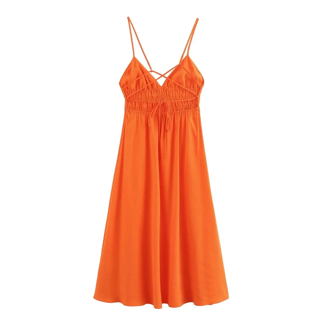 Foridol Orange Backless Tie Up Sexy Summer Women Dress V Neck A-line Beach Slip Dress 2025 Spaghetti Strap Party Midi Vestidos