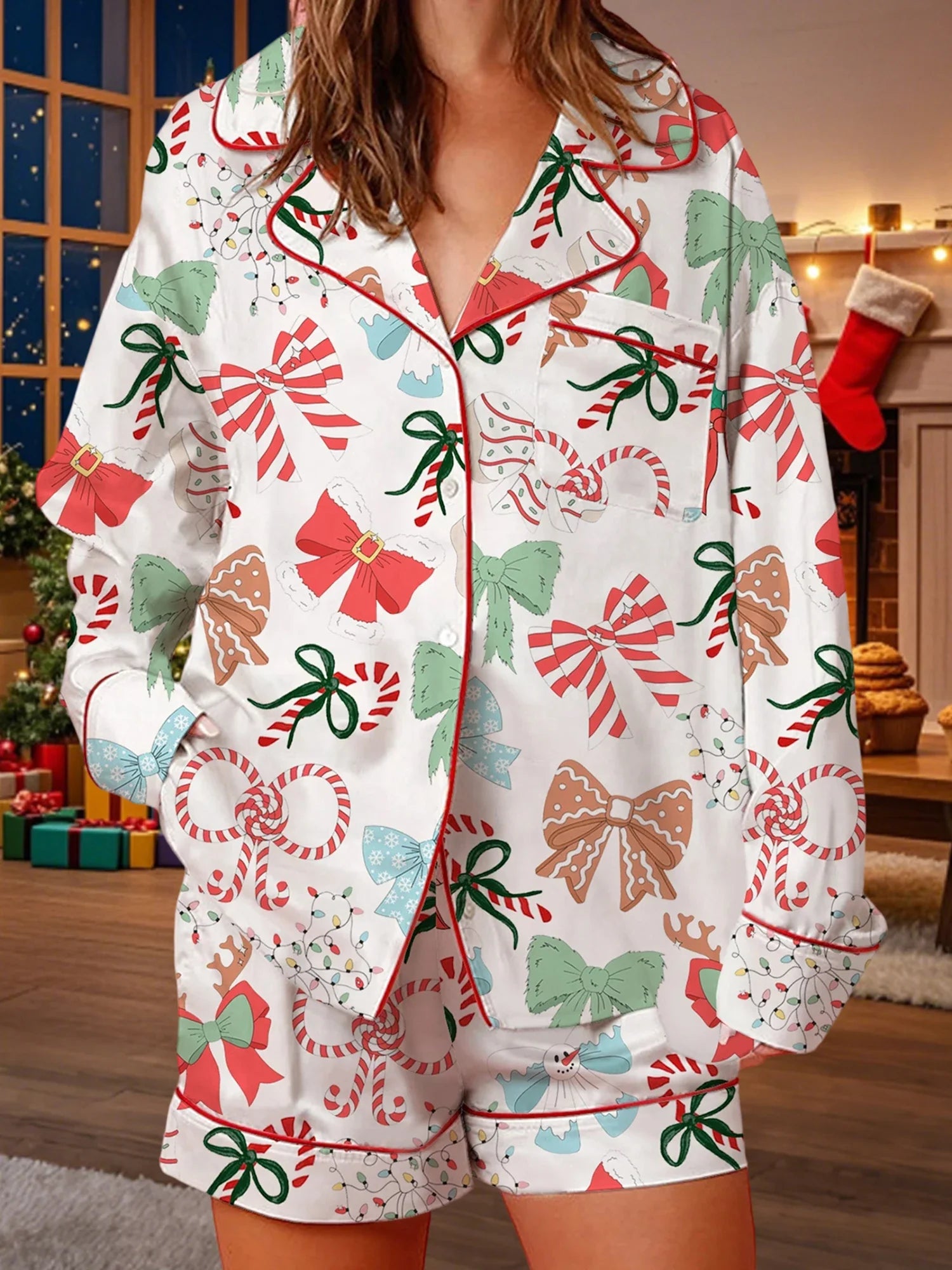 Women's 2025 Satin Christmas Pajama Set Long Sleeve Lapel Bow Print Shirt Wide Leg Shorts Loose Two Pieces Sleepwear