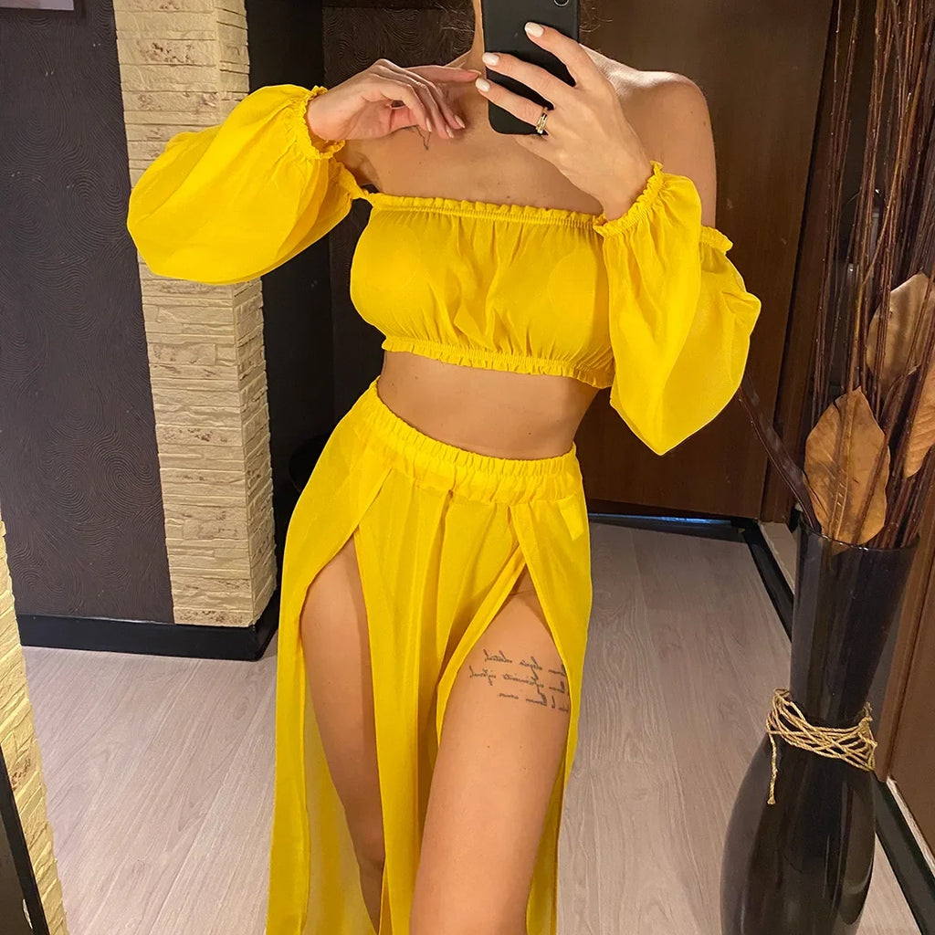 2026 Leopard Off Shoulder Long Sleeve 2 Pieces Set Beach Cover Up Cover-ups Beach Dress Beach Wear Beachwear Female Women V3728