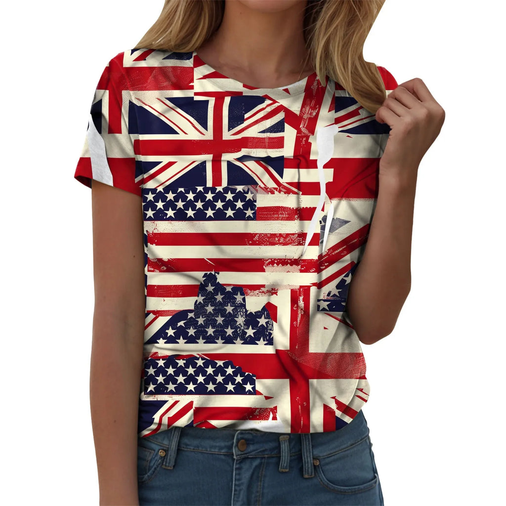 Women's British Flag Print T-Shirt Casual Round Neck Short Sleeve T Shirts Uk United Kingdom Women Vintage Tees Tops Clothing