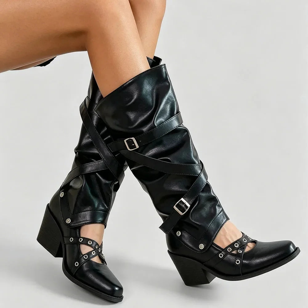Vintage Y2k Slouchy Knee High Western Boots Women Chunky Block Heel Summer Cowboy Knee High Boots Motorcycle Boots Shoes