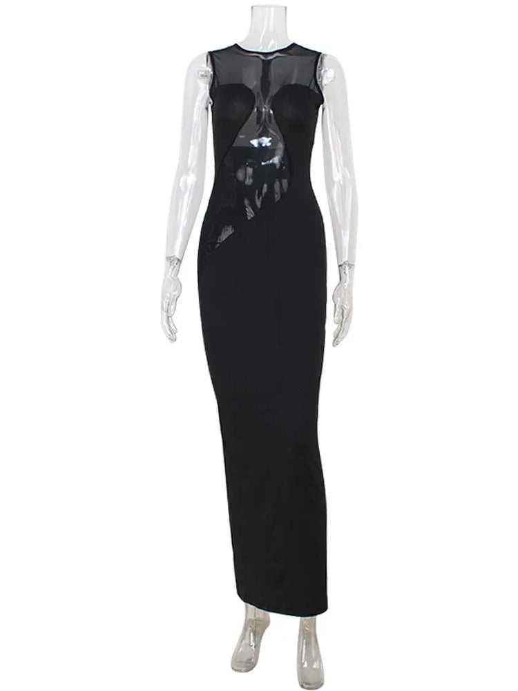 Ahagaga Summer Sexy Club Women Maxi Dresses Mesh Patchwork Sheer O-Neck Elegant Sheath Split Bodycon Party Elegant Vestidos