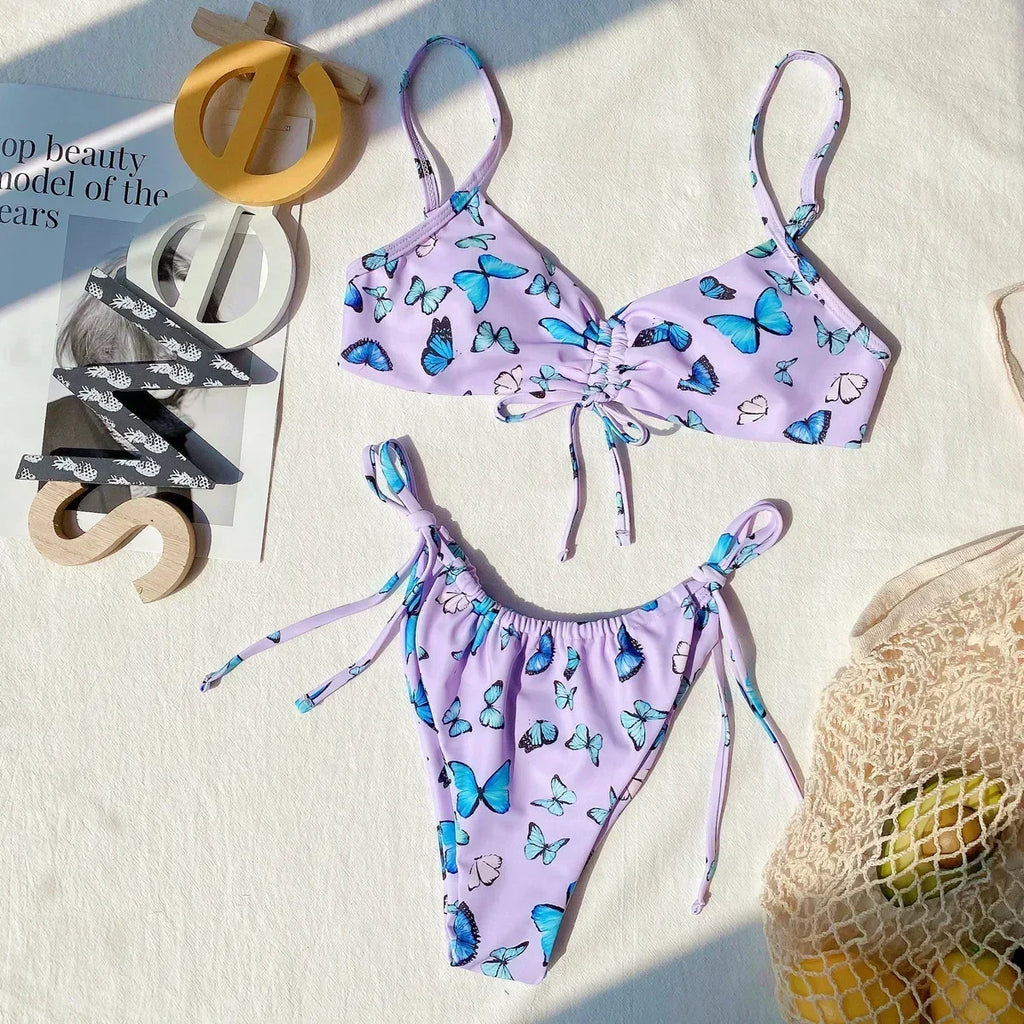 Sexy Bikini Women Push Up Swimwear Swimsuit Butterfly Print drawstring Knotted Bikinis Set Bathing Suit Beach Bikini Female 2026