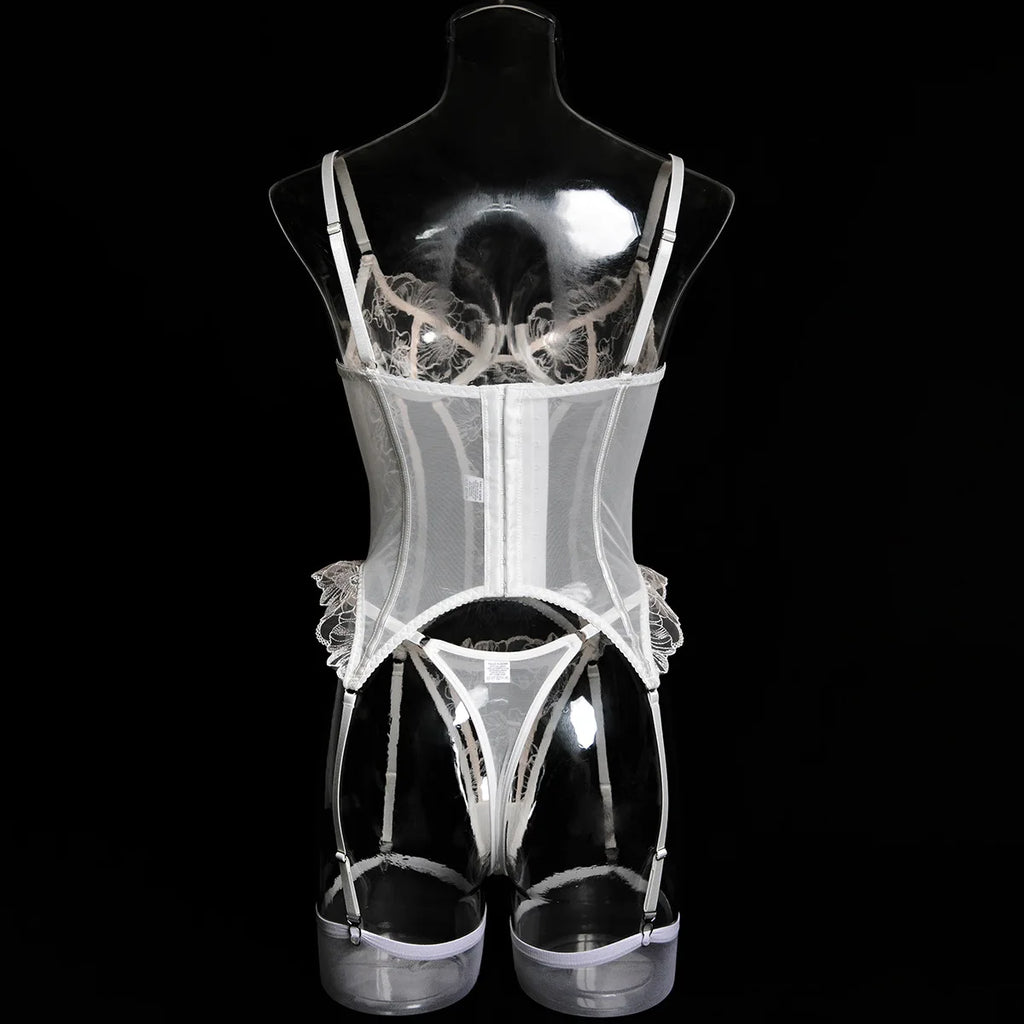 Embroidered flower underwear, sexy three-point mesh fishbone body shaping sexy suit with stockings