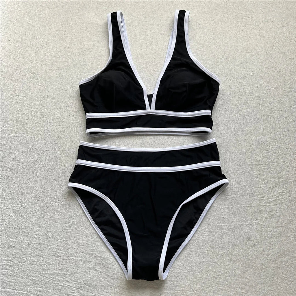 S - XL Sexy V Neck Printed High Waist Bikini Female Swimsuit Women Swimwear Two-pieces Bikini Set Bather Bathing Suit Swim V6997