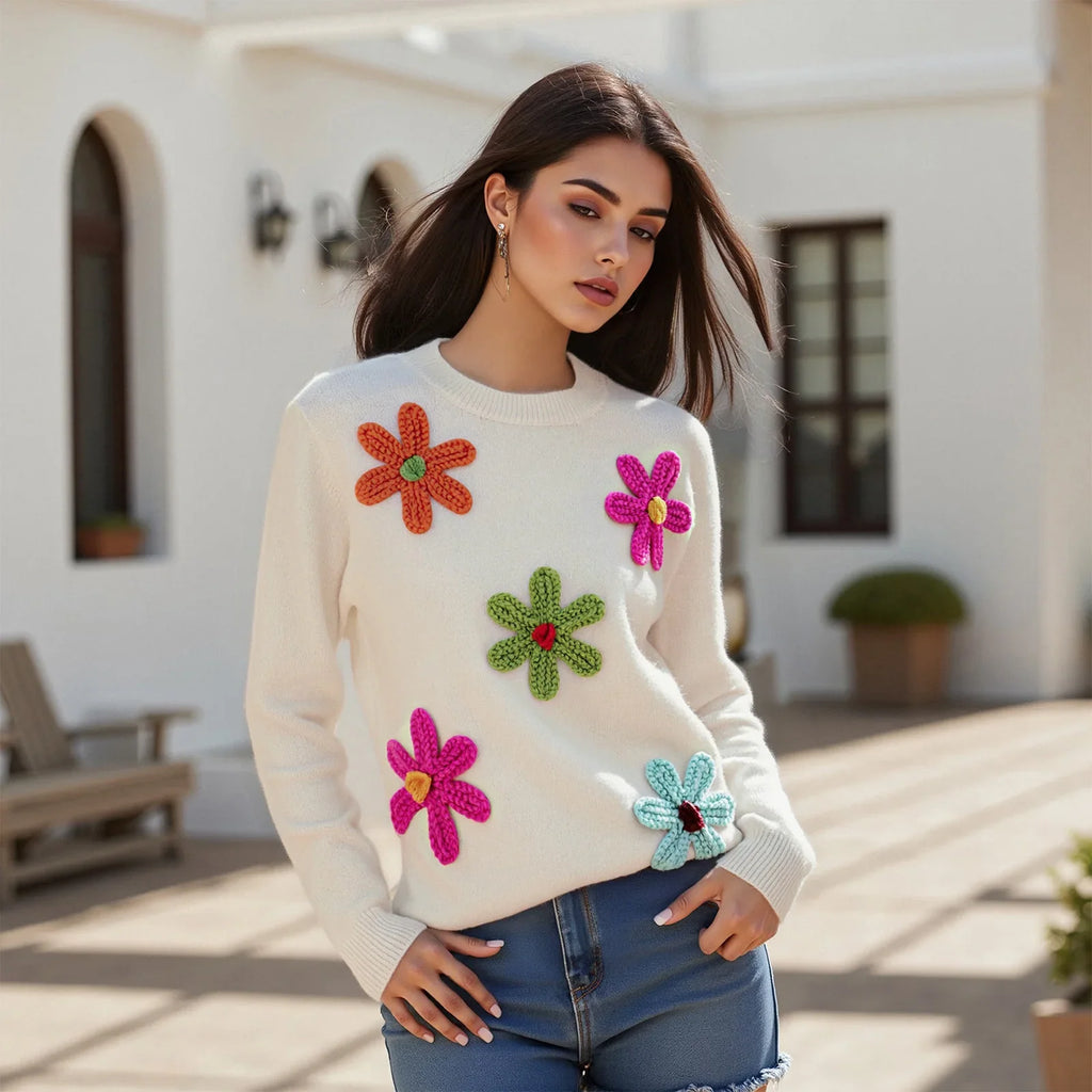 Women Knitted Flower Sweater Casual Crew Neck Long Sleeve Pullover Tops Cute Winter Fall Loose Knitwear