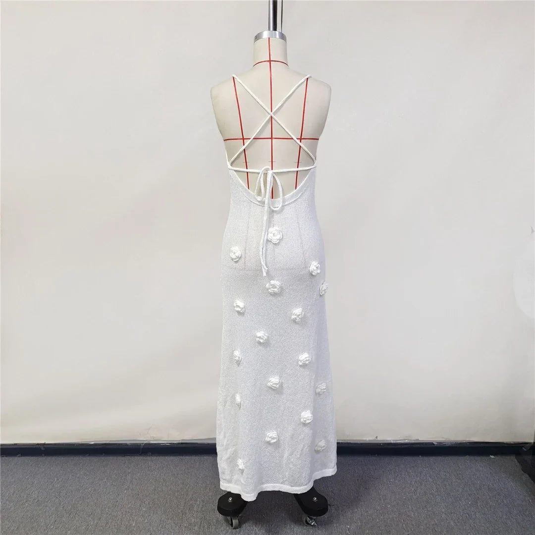 Elegant 3d Flower Knitted Dresses For Women V-neck Backless Sleeveless Lace Up Female Maxi Dress Summer Lady Beach Dress V6211