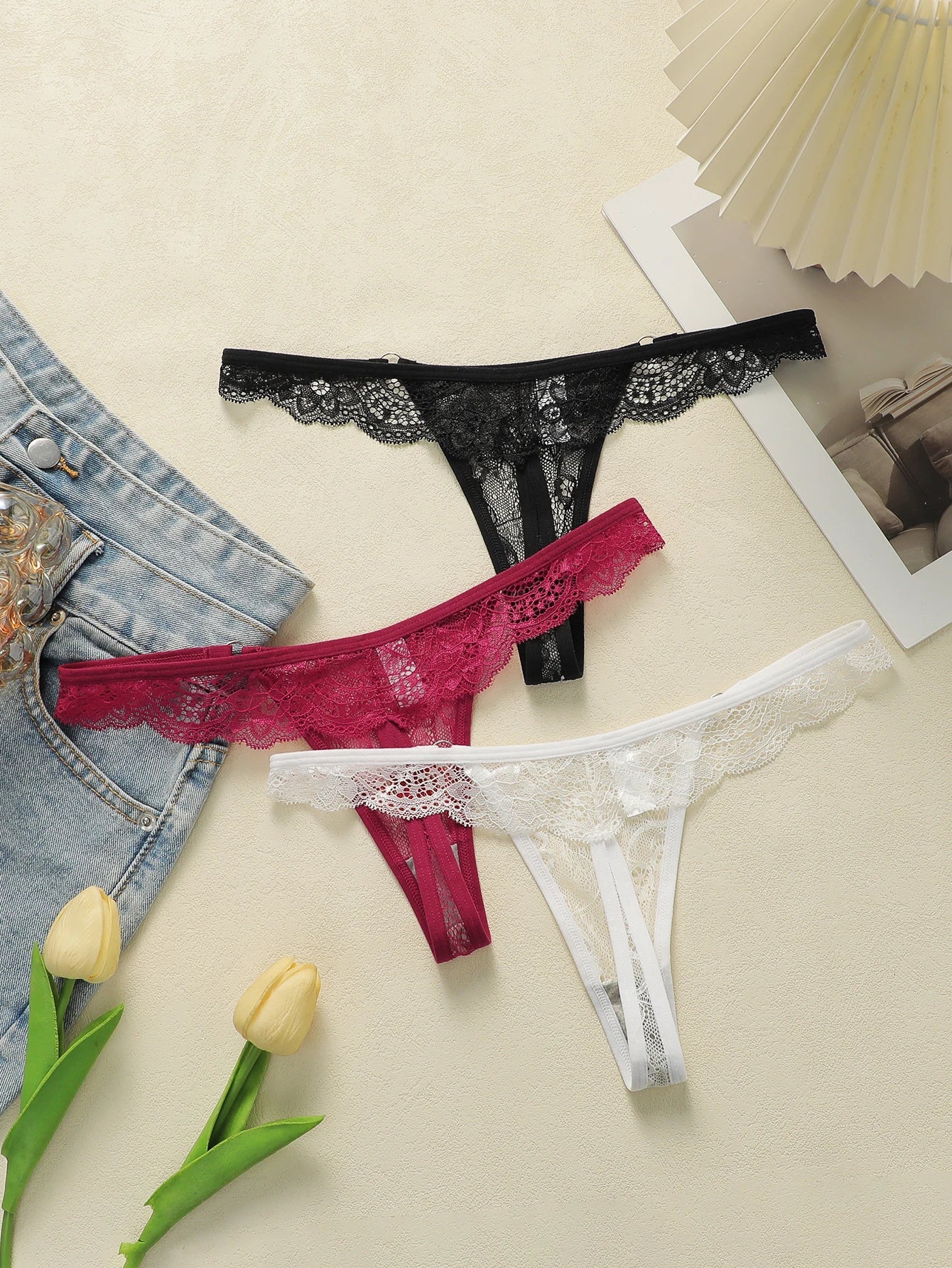 3 pairs of multi colored lace low waisted thongs sexy and hip lifting thongs, women's underwear C2770
